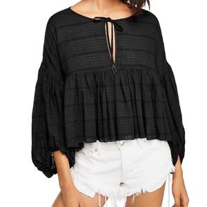 Free People Beaumont Black Babydoll Top Peplum Puffed Sleeve Size XSmall